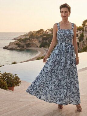 Club Monaco | Dresses | Club Monaco Blue And Black Geometric Detail Floor Length Club Monaco Dress